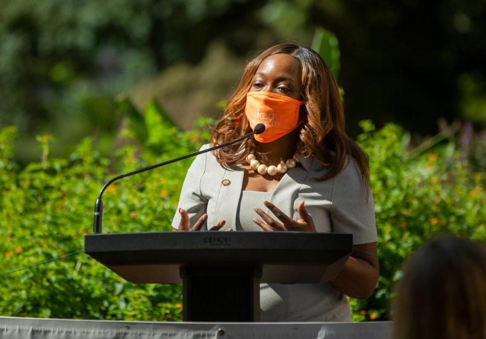 In this file photo, NC Sen. Natalie Murdock speaks during a ground breaking ceremony for the new North Carolina Freedom Park in downtown Raleigh, which celebrates the African American experience. Murdock is co-sponsor of the NC CROWN Act bill, which would ban racial discrimination tied to hair and hairstyle.