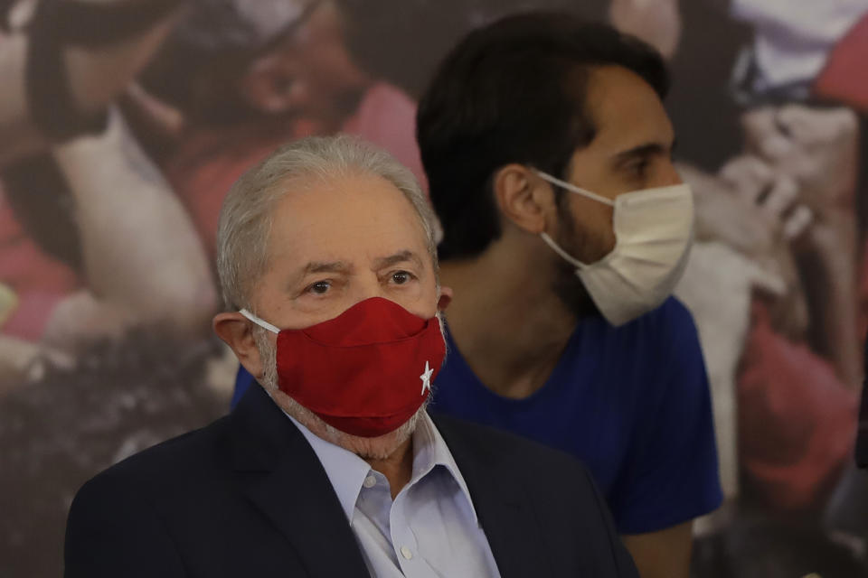 Former Brazilian President Luiz Inacio Lula da Silva arrives to give a press conference at the Metalworkers Union headquarters in Sao Bernardo do Campo, Sao Paulo state, Brazil, Wednesday, March 10, 2021, after a judge threw out both of his corruption convictions. (AP Photo/Andre Penner)