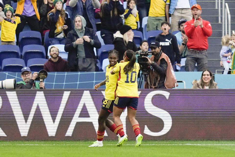 Colombia's Linda Caicedo, left, celebrates after scoring her side's 2nd goal during the Women's World Cup Group H soccer match between Colombia and South Korea at the Sydney Football Stadium in Sydney, Australia, Tuesday, July 25, 2023. (AP Photo/Rick Rycroft)