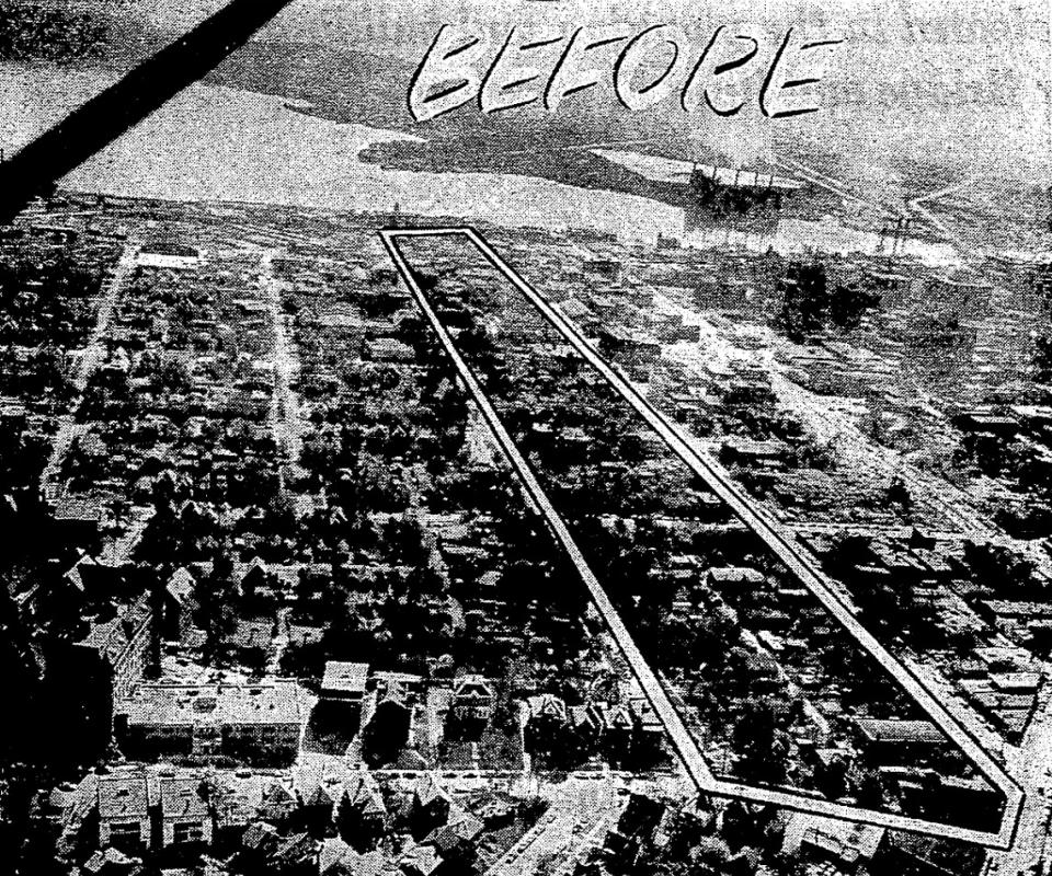 A photo from the Dec. 10, 1958, edition of the Journal Star shows downtown Peoria before the construction of Interstate 74 and the Murray Baker Bridge. Houses and buildings in the highlighted section would be destroyed.