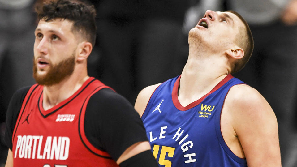 Jusuf Nurkic and Nikola Jokic, pictured here in action during Game 5 between the Portland Trail Blazers and Denver Nuggets.