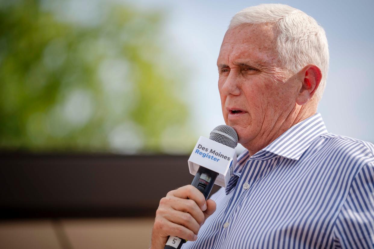 GOP presidential candidate Mike Pence speaks at the Des Moines Register political soapbox during the Iowa State Fair, Thursday, Aug. 10, 2023. 