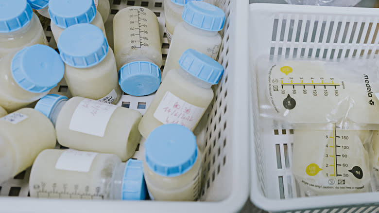 bottles and pouches of breastmilk