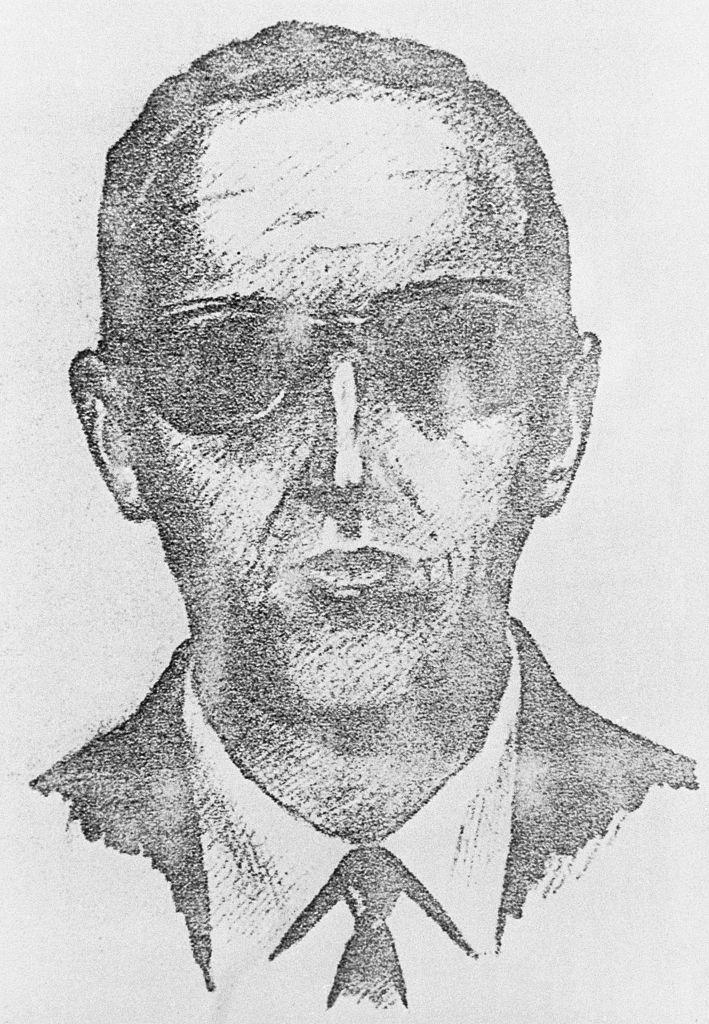 sketch of highjacking suspect d b cooper wearing sunglasses, a suit jacket, collared shirt and tie