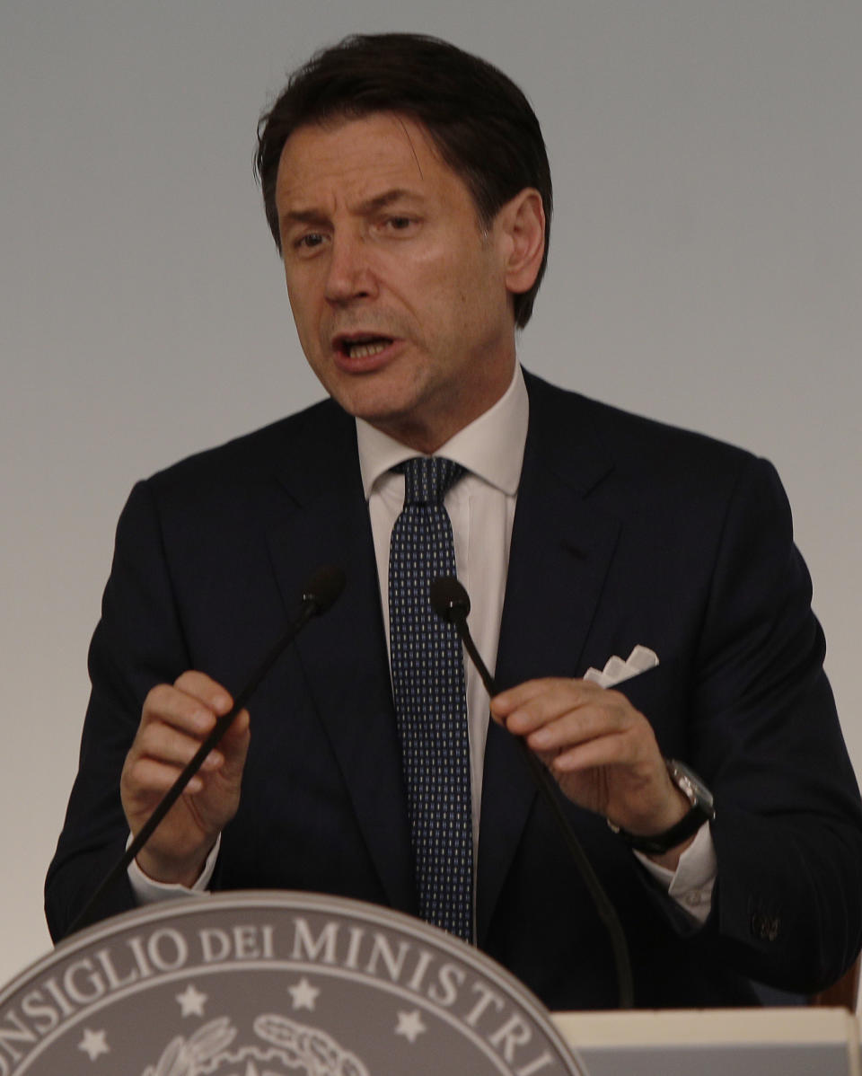 Italian premier Giuseppe Conte gives a press conference at Chigi Palace in Rome Thursday evening, Aug. 8, 2019. Italy faced a government crisis Thursday as Interior Minister Matteo Salvini of the right-wing League party called for a new election, saying his party's coalition with the populist 5-Star Movement had collapsed over policy differences. (AP Photo/Alberto Pellaschiar)