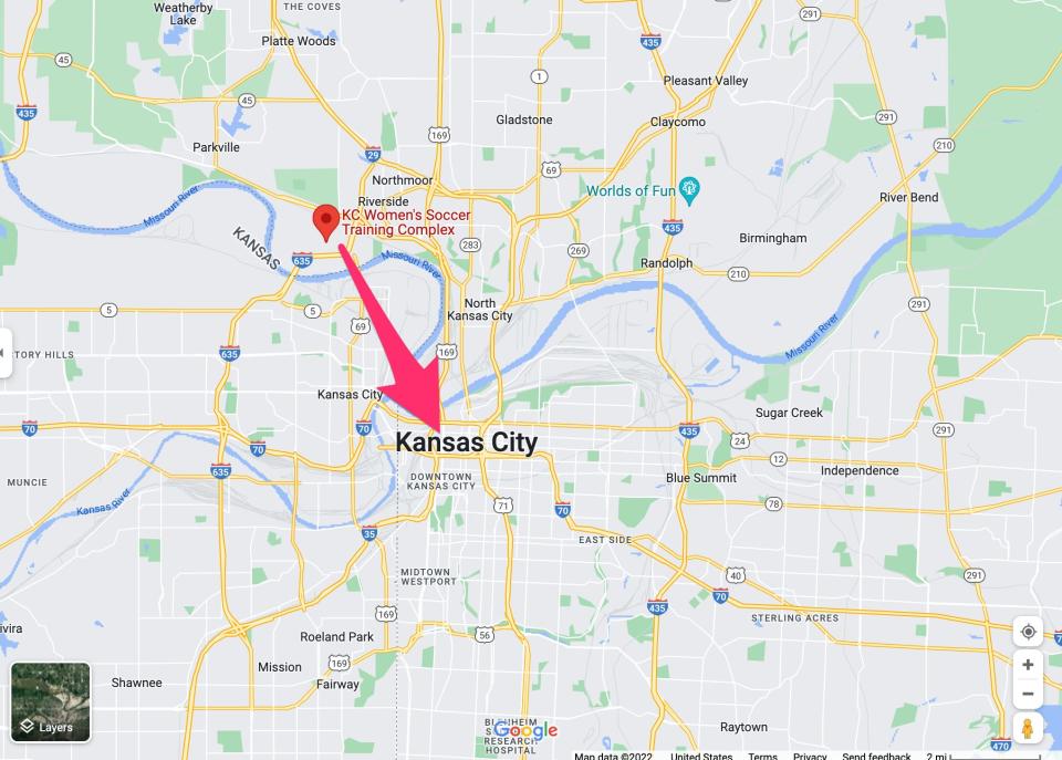 A map shows the distance between the Current's training facility and downtown Kansas City.