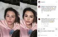 A screenshot from "Jersey Shore" star JWoww's Instagram that shows her with and without makeup.