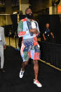 James Harden wears a Loewe shirt and shorts combo and Pharrell x Chanel sneakers on April 28, 2019.