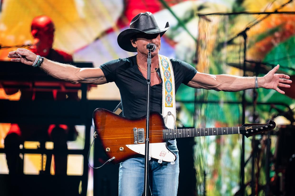 Tim McGraw performs during his Standing Room Only Tour concert at Bridgestone Arena in Nashville, Tenn., Thursday, April 25, 2024.