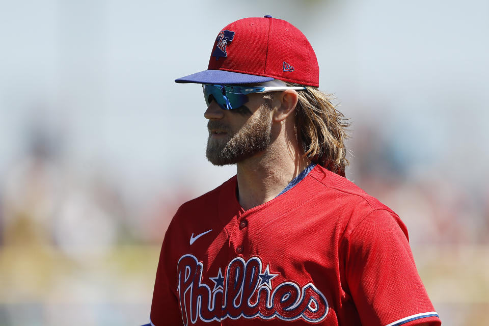 Bryce Harper voices support of Blake Snell. (Photo by Michael Reaves/Getty Images)