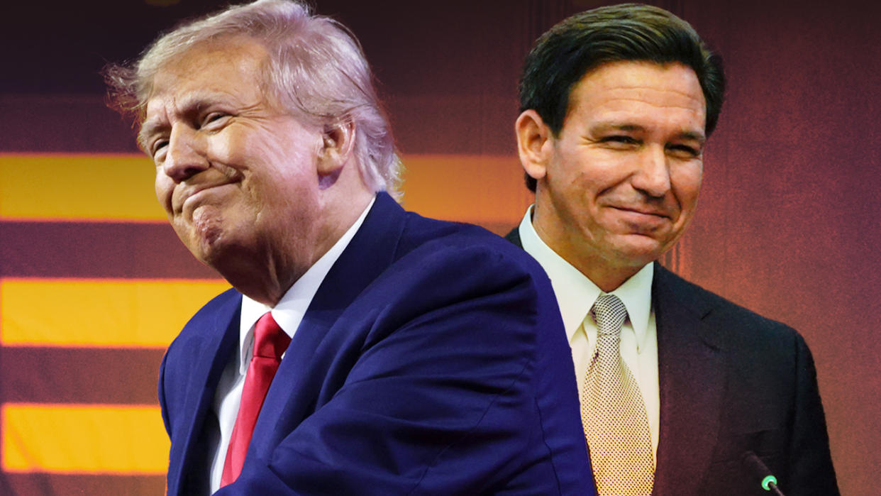 Former President Donald Trump, wearing a forced grin, and Florida Gov. Ron DeSantis, looking to project an air of confidence.