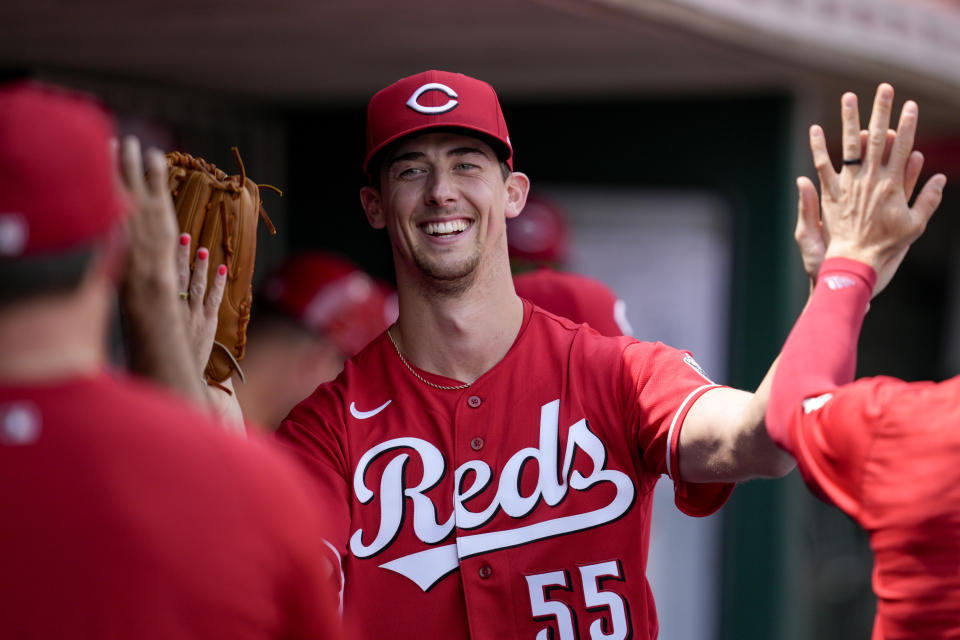 Cincinnati Reds starting pitcher Brandon Williamson (55) celebrates with teammates after a pitching change during the sixth inning of a baseball game against the San Diego Padres Saturday, July 1, 2023, in Cincinnati. (AP Photo/Jeff Dean)