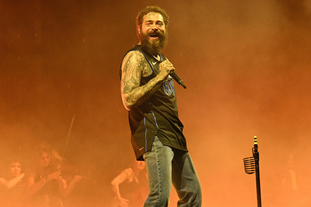 MANCHESTER, TENNESSEE - JUNE 14: Post Malone performs during the 2024 Bonnaroo Music & Arts Festival on June 14, 2024 in Manchester, Tennessee. (Photo by Astrida Valigorsky/Getty Images)