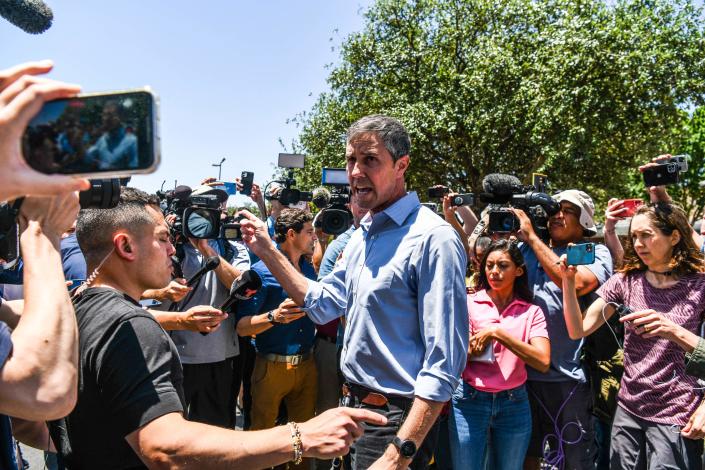 Democratic gubernatorial candidate Beto O'Rourke speaks to the media after interrupting a press conference held by Texas Gov. Greg Abbott in Uvalde, Texas, on May 25, 2022.