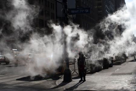 A woman stands in severe cold as steam from a street vent blows over her on West 33rd Street in midtown Manhattan in New York City, February 15, 2015. REUTERS/Mike Segar