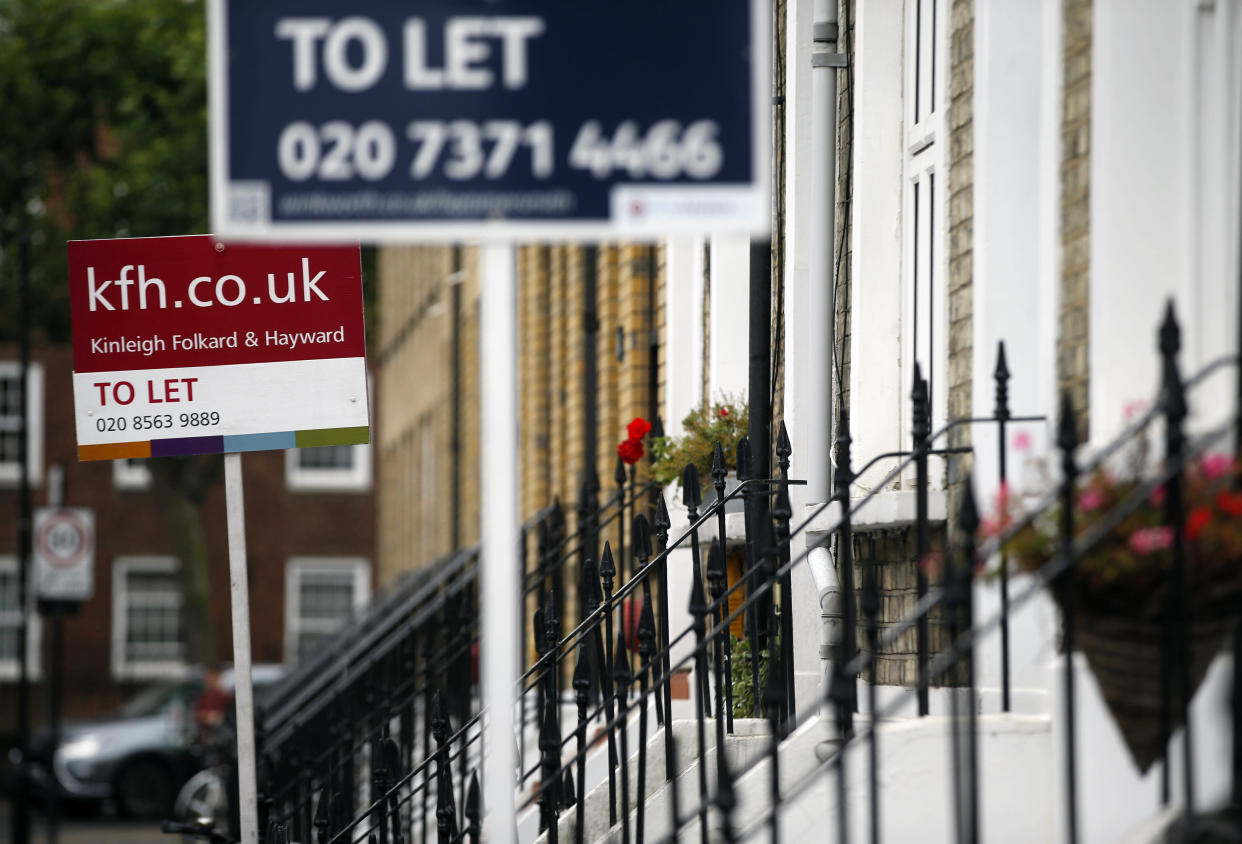 To Let signs stand next to a properties in west London, Tuesday, Aug. 2, 2016. A new study has found that the proportion of people owning their homes in England has fallen to its lowest level in thirty years and that soaring prices have forced millions to abandon the dream of home ownership, with parts of northern and central England becoming increasingly unaffordable. (AP Photo/Alastair Grant)