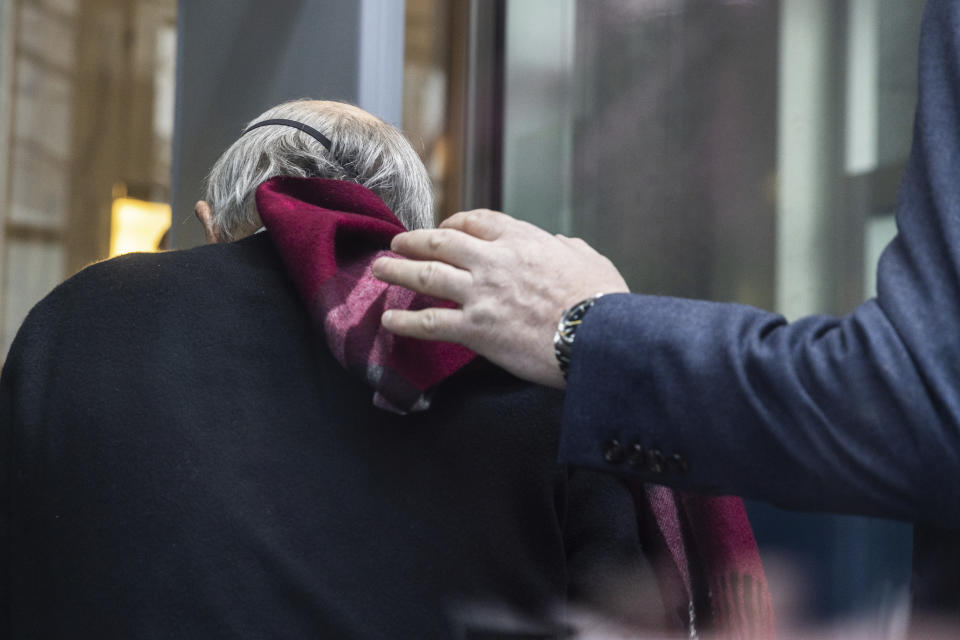 Joe Lewis arrives Manhattan Federal court for his sentencing, Thursday, April. 4, 2024, in New York. Lewis pleaded guilty in January to insider trading and conspiracy charges, saying his crimes had left him feeling embarrassed. Lewis’ family trust owns the Tottenham Hotspur soccer club. (AP Photo/Jeenah Moon)