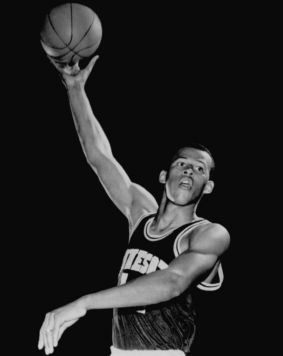 FILE - This is a May 12, 1966 file photo showing University of Minnesota basketball player Lou Hudson. Six-time All-Star Lou Hudson died Friday, April 11, 2014, in Atlanta, the Atlanta Hawks said. He was 69. His No. 23 was retired by the Hawks. Bob Pettit and Dominique Wilkins are the only other Hawks players to have their numbers retired. The University of Minnesota also retired Hudson's number. (AP Photo/File)