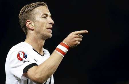 Austria's Marc Janko celebrates after scoring against Liechtenstein during their Euro 2016 qualifying soccer match in Vaduz March 27, 2015. REUTERS/Dominic Ebenbichler