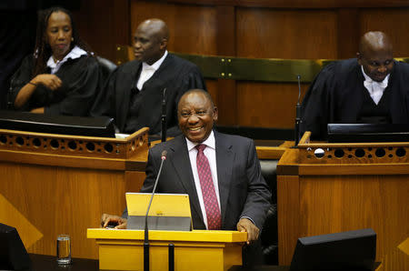 South African President Cyril Ramaphosa speaks in parliament in Cape Town, South Africa February 20, 2018. REUTERS/Sumaya Hisham