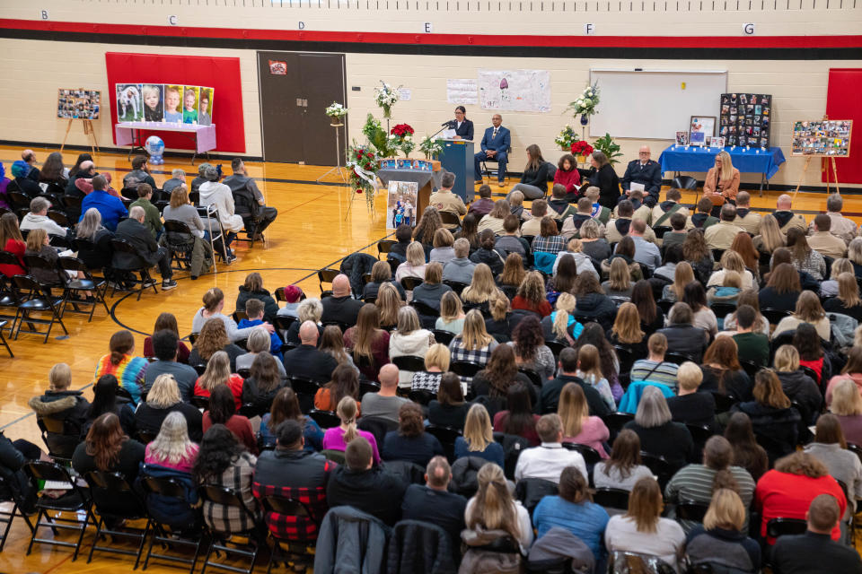 Hundreds attend a Mason City memorial for John-Mikal McLuer, 12, Odin-Thor McLuer, 10, Drako-Ragnar McLuer, 6, and Phenix-Moon McLuer, 3, who were lost in a November house fire.