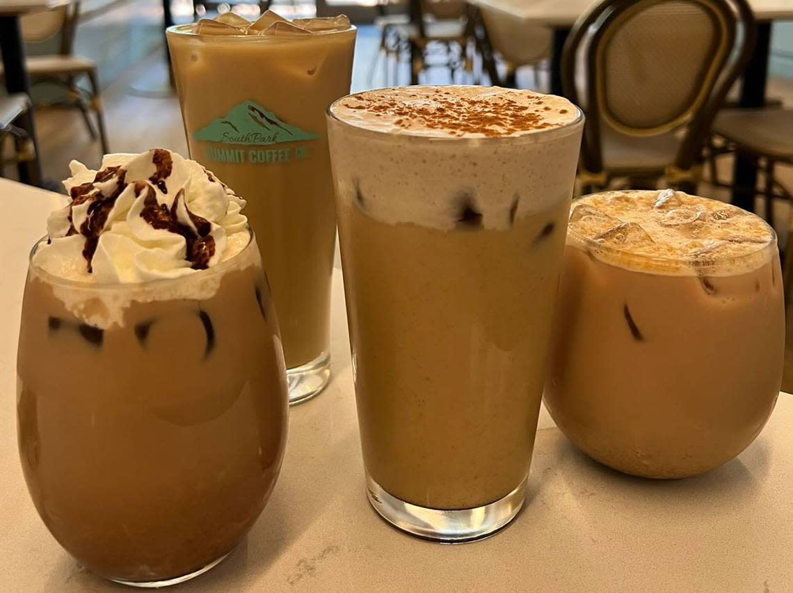 Summit Coffee has a seasonal drinks menu, including its fall lineup shown here: Iced Pumpkin Pie Latte, Iced Box Turtle Mocha, Iced and Shaken Pumpkin Chai Latte and Iced Maple Sea Salt Latte.