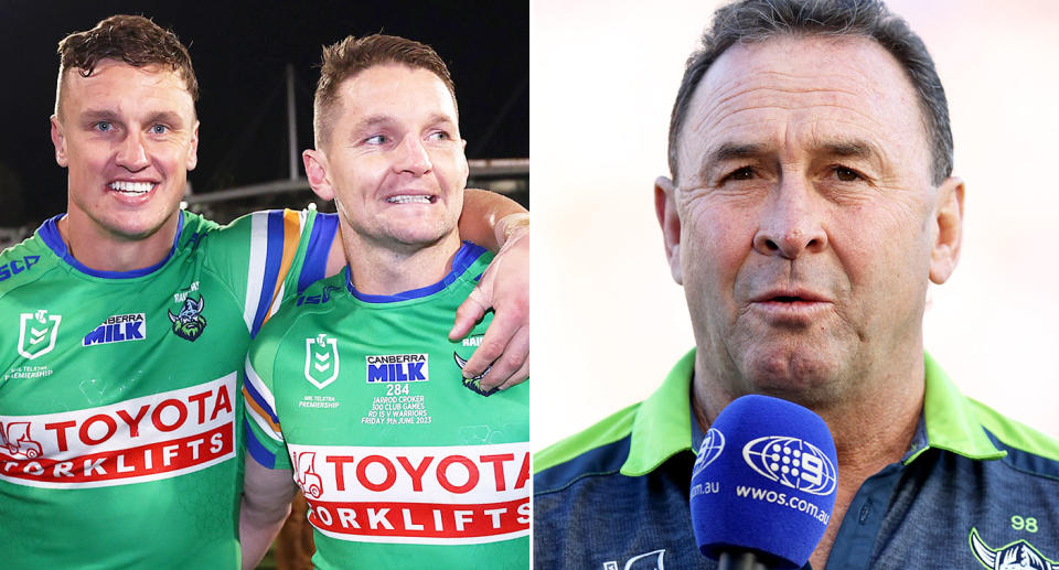 Pictured left to right, Jack Wighton, Jarrod Croker and Ricky Stuart.