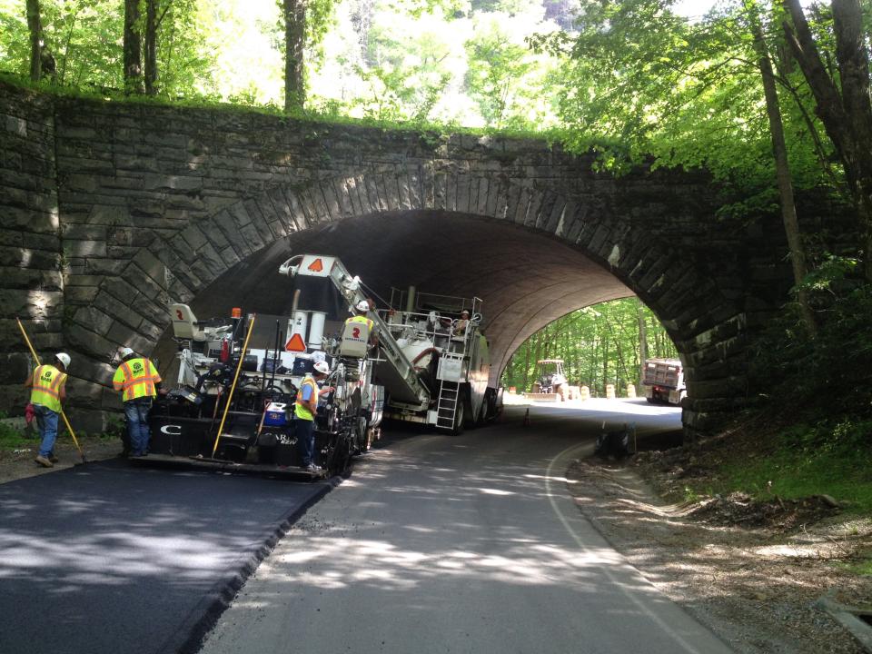 Great Smoky Mountains National Park maintains and operates more than 300 miles of roads, six tunnels, and 146 bridges that allow visitors to traverse the park’s mountainous landscape. Road paving such as that shown here on Newfound Gap Road will be part of deferred maintenance addressed by funds provided by the Great American Outdoors Act. Courtesy NPS.