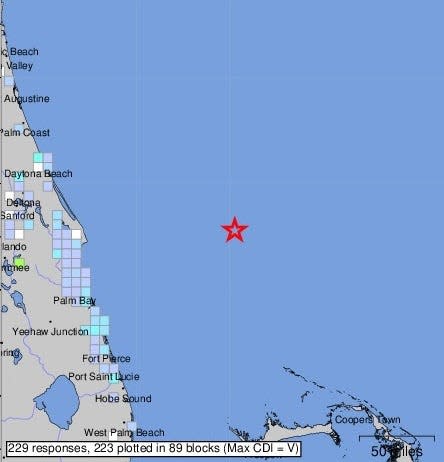 The U.S. Geological Survey received more than 200 responses from people who reported feeling the earthquake in Florida on Feb. 7, along 200 miles of coast and inland nearly 50 miles.