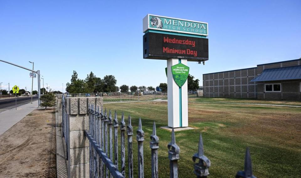 A marquee sign stands in front of Mendota High School on Thursday, Aug. 17, 2023. The Mendota Unified School District has been a source of much community pride in recent years.