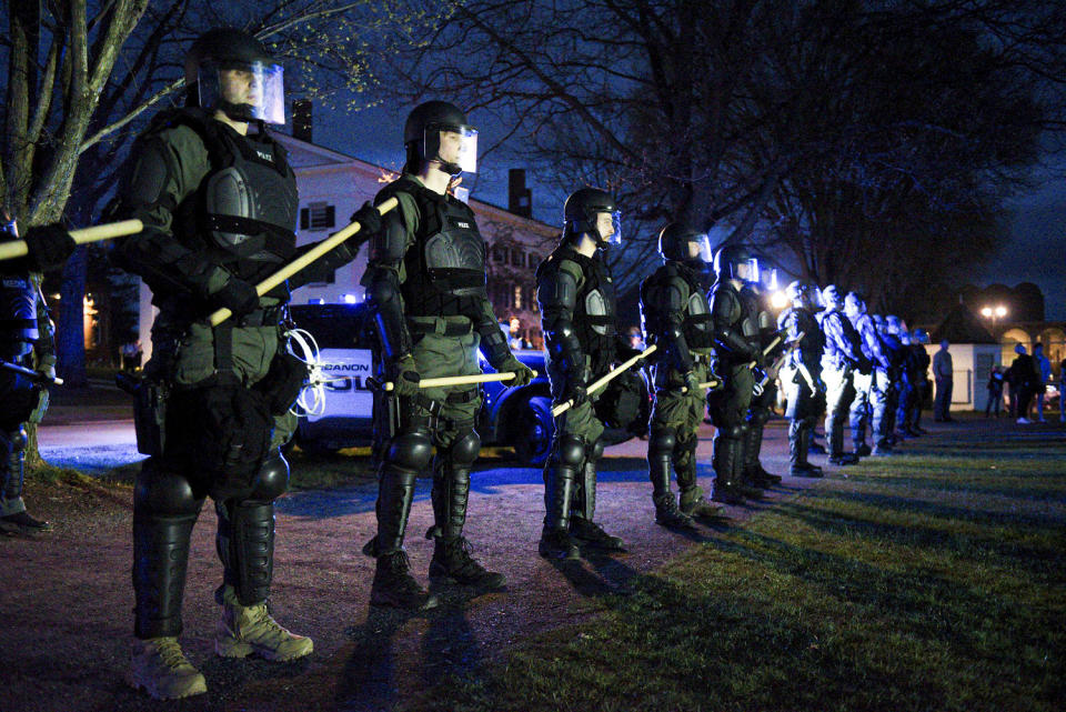 New Hampshire State Police lined up. (James M. Patterson / Valley News via AP)
