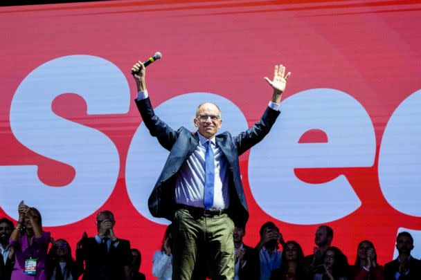PHOTO: Democratic Party leader Enrico Letta speaks at the party's final rally ahead of Sunday's election in Rome, on Sept. 23, 2022. (Alessandra Tarantino/AP)