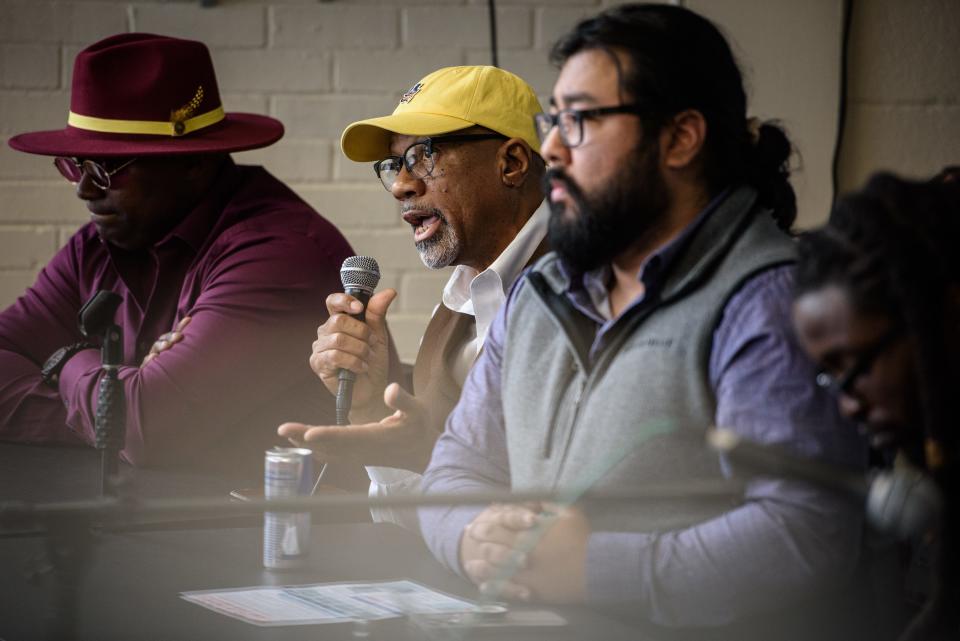 Troy Williams, Fayetteville Observer columnist, legal analyst and criminal defense investigator, speaks at Community Conversations: A Panel Discussion on Saturday, Feb. 11, 2023, at Rowan Skate Center. The discussion stems from the beating death of Tyre Nichols, a 29-year-old Black man, at the hands of Memphis police officers.