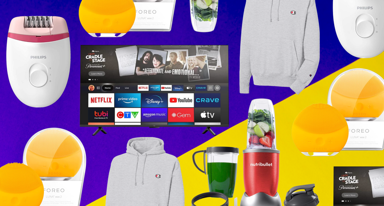 epilator, TV, yellow foreo, grey champion hoodie, red nutribullet on purple and yellow background, amazon deals