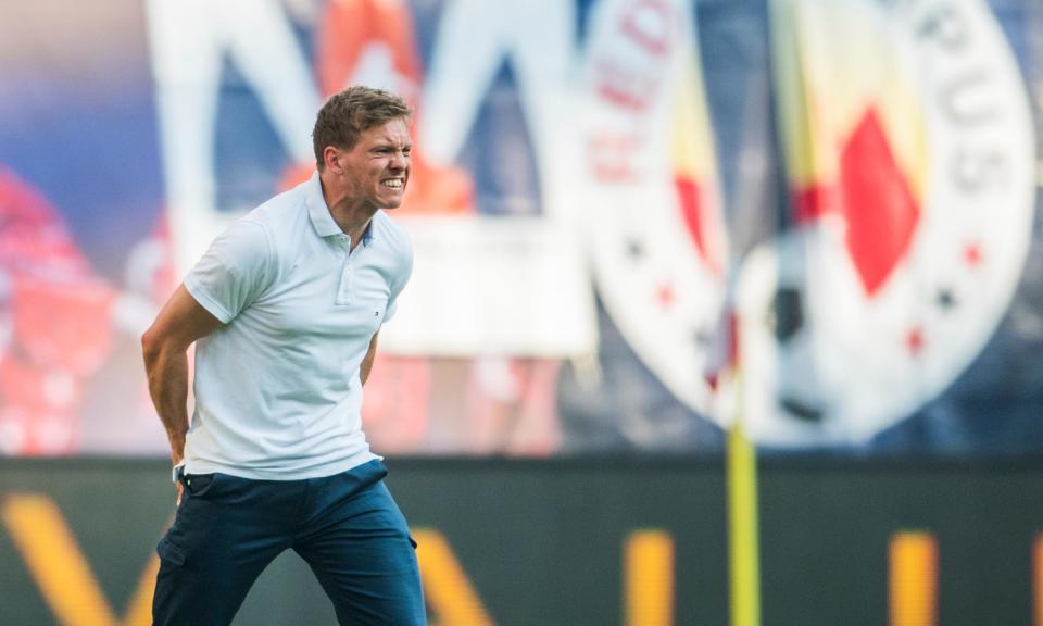 Julian Nagelsmann barks instructions from the touchline during Hoffenheim’s resounding 5-2 win at Leipzig.