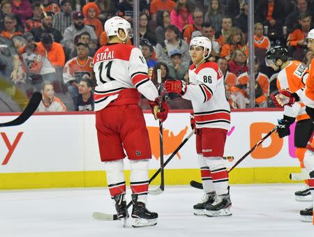 Apr 6, 2019; Philadelphia, PA, USA; Carolina Hurricanes left wing Teuvo Teravainen (86) celebrates with center Jordan Staal (11) after scoring a goal against the Philadelphia Flyers during the first period at Wells Fargo Center. Mandatory Credit: Eric Hartline-USA TODAY Sports