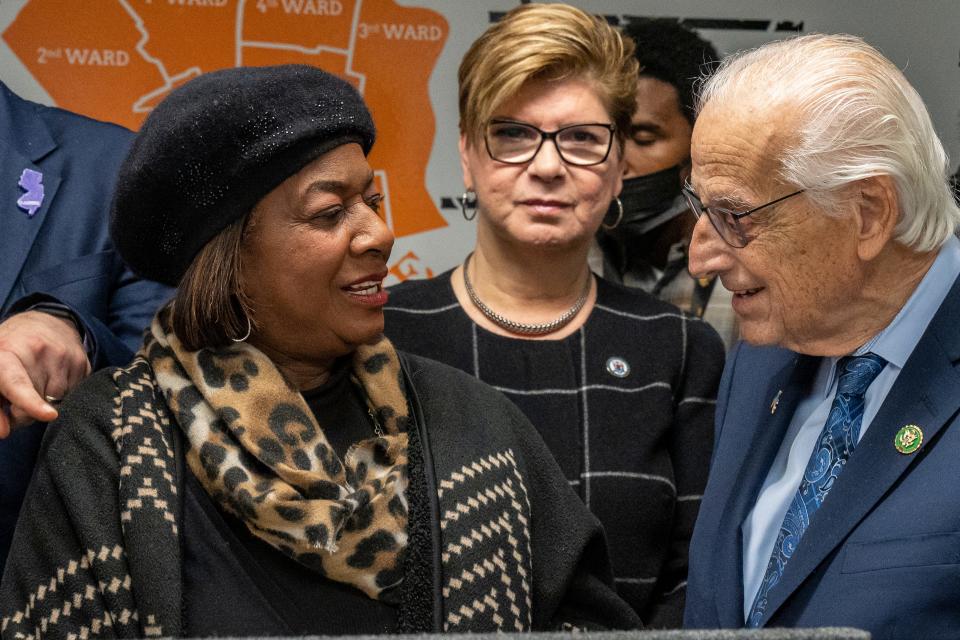 Paterson Councilwoman Ruby Cotton speaks to Congressman Bill Pascrell, Jr. as he announces a million dollar federal award to expand hospital-based violence intervention services and promote public safety in Paterson. The announcement is made at the Reimagining Justice and Paterson Healing Collective office in Paterson, NJ on Thursday, Jan 19, 2023. 