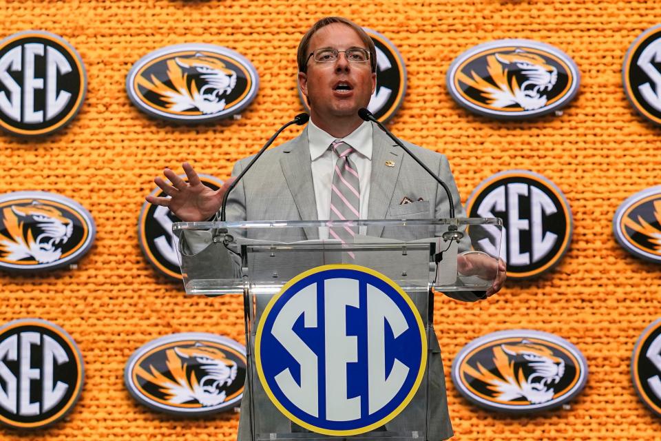 Missouri head coach Eliah Drinkwitz addresses the media Monday during SEC Media Days at the College Football Hall of Fame in Atlanta.