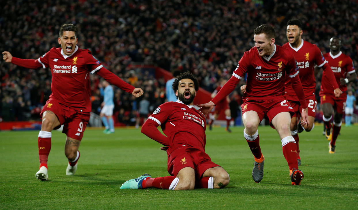 Mohamed Salah celebrates one of three Liverpool goals against Manchester City in the Champions League quarterfinal first leg at Anfield. (Reuters)