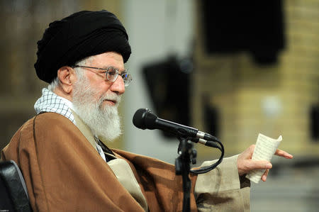 Iran's Supreme Leader Ayatollah Ali Khamenei gestures as he speaks, Iran, January 9, 2018. Leader.ir/Handout via REUTERS