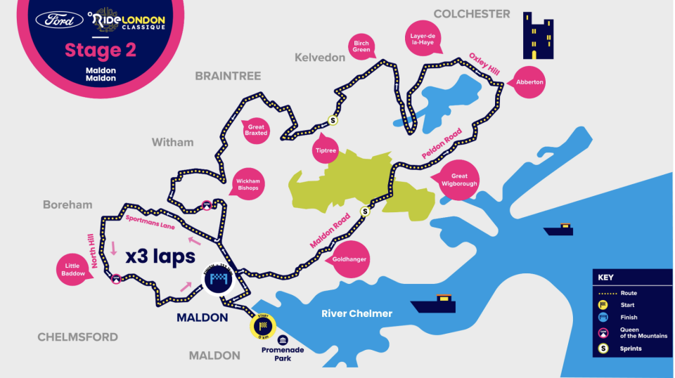 Stage 2 route map of 2023 RideLondon Classique