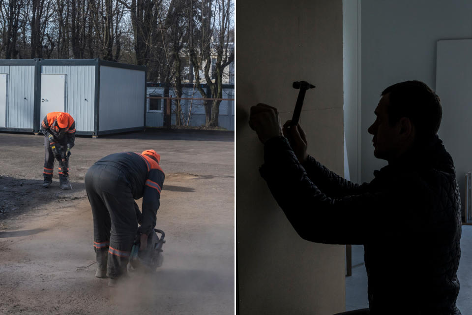 Container homes for displaced university students under construction in a park near Ukrainian Catholic University in Lviv on April 14. (Brendan Hoffman for NBC News)