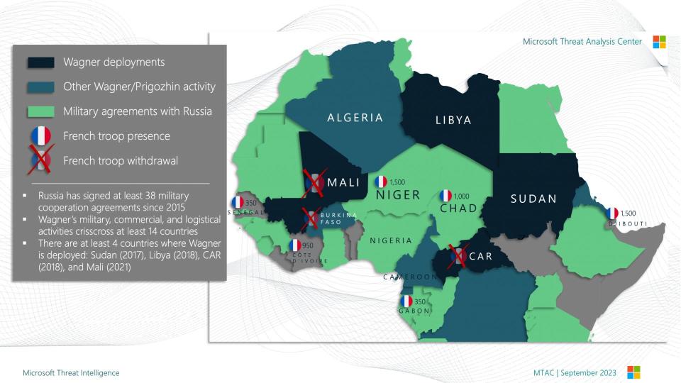 map of Africa showing Russia's influence on countries