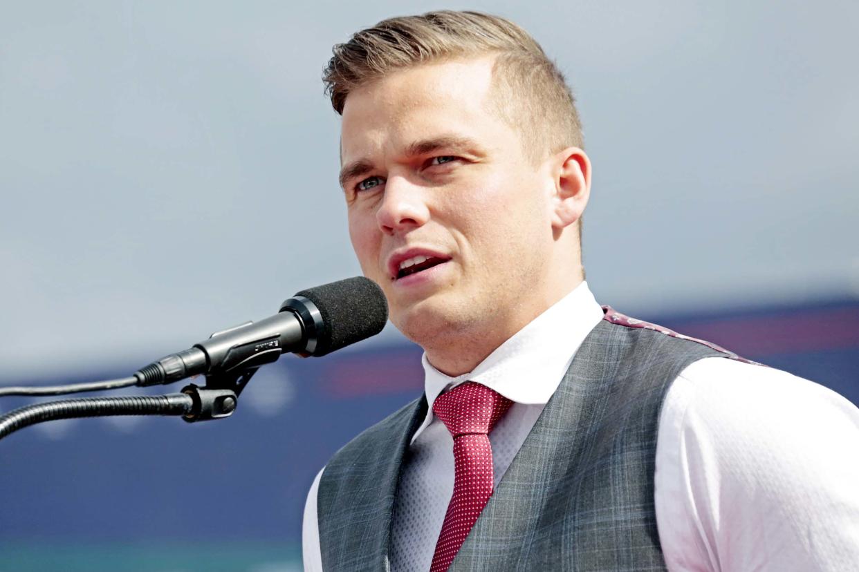 Rep. Madison Cawthorn speaks to the crowd before former President Donald Trump takes the stage at a rally on April 9 in Selma, N.C. (Chris Seward / AP, file)