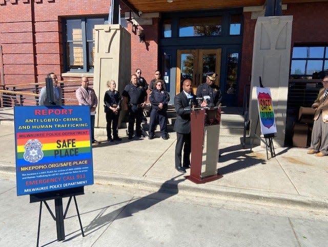 Milwaukee Mayor Cavalier Johnson speaks at a press conference outside the Iron Horse Hotel, 500 W. Florida St., on Monday, announcing the creation of of the Police Department's Safe Place Program. The program provides signage to businesses for creating safe places for members of the LGBTQ+ community and victims of human trafficking to call for help.