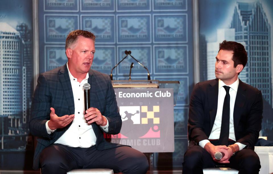 Tigers manager A.J. Hinch, left, talks with the crowd as Tigers president Scott Harris listens to him during the Detroit Economic Club luncheon at the MotorCity Casino Hotel in Detroit on Tuesday, June 13, 2023.