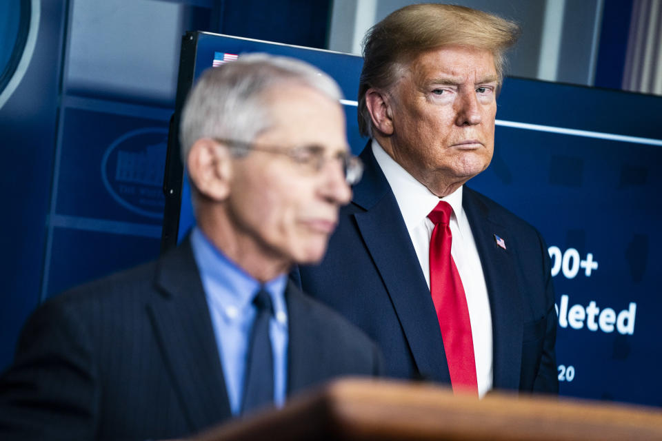 President Trump looks at Fauci as he speaks during a coronavirus task force a briefing at the White House in 2020.