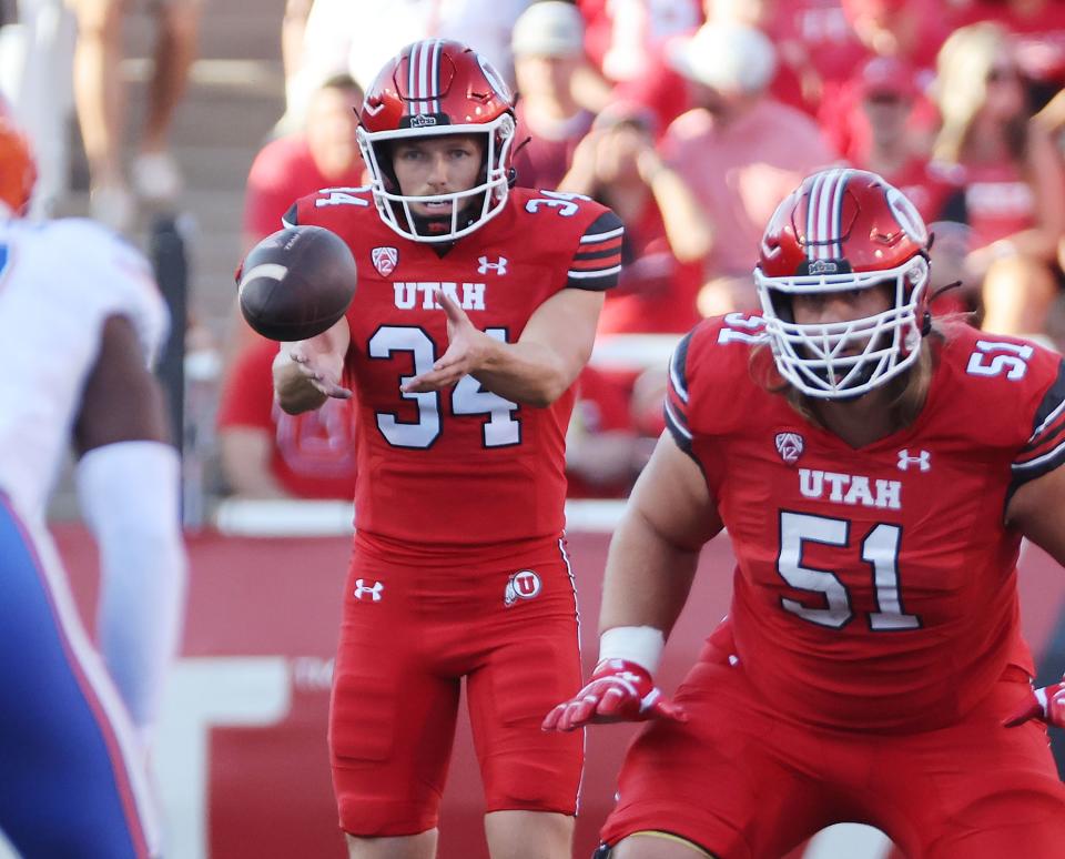 Utah Utes punter Jack Bouwmeester (34) punts in Salt Lake City on Thursday, Aug. 31, 2023 during the season opener. Utah won 24-11. | Jeffrey D. Allred, Deseret News