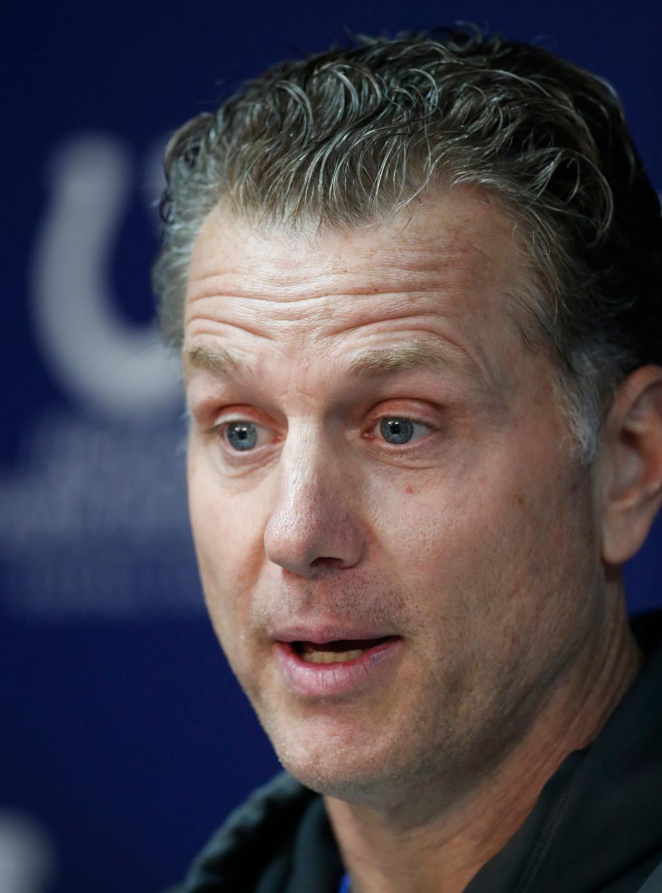 Indianapolis Colts defensive coordinator Matt Eberflus speaks to the media during the 2019 season. Eberflus, the Colts' defensive coordinator since 2018, is among the candidates for the Jaguars' head coaching job.