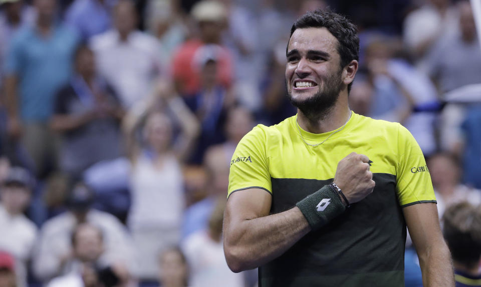 Matteo Berrettini, of Italy, reacts after winning the fifth set tie break for victory against Gael Monfils, of France, during the quarterfinals of the U.S. Open tennis championships Wednesday, Sept. 4, 2019, in New York. (AP Photo/Frank Franklin II)